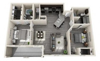 Floor plan for 2 beds, 2 baths, 1045 sqft